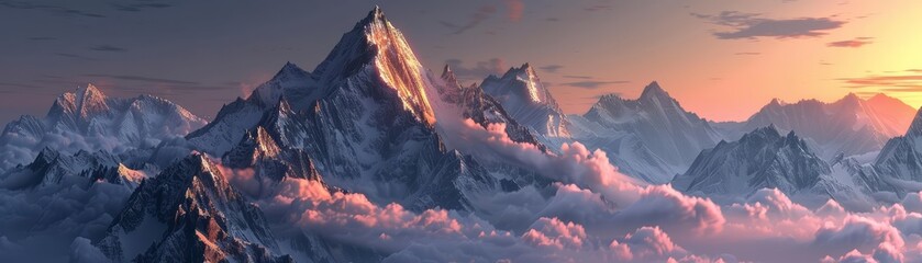 In this 3D render, the summit at sunset provides a majestic view of cloudkissed mountain peaks glowing in the soft evening light, Sharpen Landscape background
