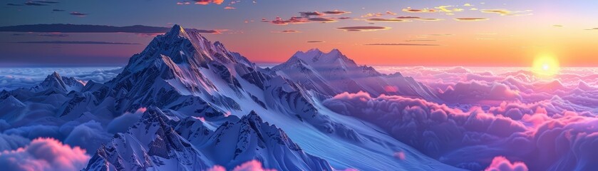 In this 3D render, the summit at sunset provides a majestic view of cloudkissed mountain peaks glowing in the soft evening light, Sharpen Landscape background