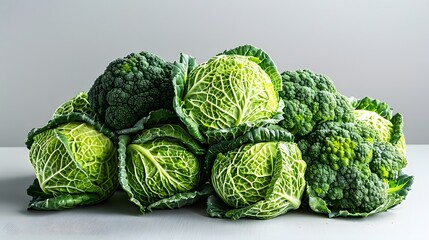 Fototapeta premium Collection of Vibrant Green Savoy Cabbages Illustrated in a Simple Style