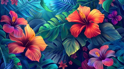  Vibrant Blue Background Featuring Exotic Decorative Flowers Illustration