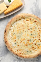 Delicious cheese pizza and different kinds of cheese on light grey textured table, flat lay