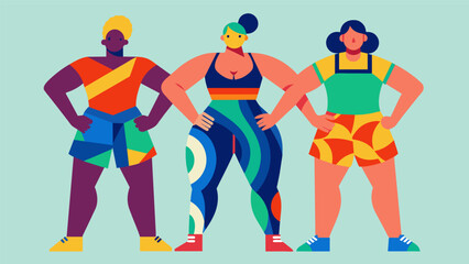 Three diverse models of varying sizes proudly showcase matching workout sets in bold patterns and vibrant colors promoting inclusivity in fitness. Vector illustration