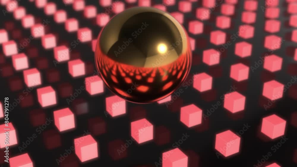 Poster seamless looping 3d animation of red metallic cubes reflecting in a golden sphere