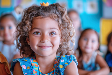 Kindergarten Latin kid study in classroom, group of students back to school