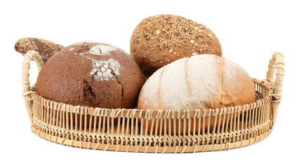 Wicker basket with different types of fresh bread isolated on white