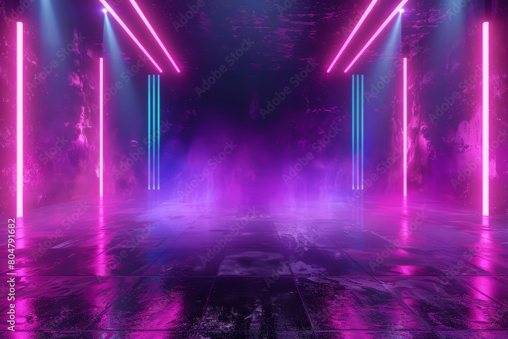Poster create a dark and mysterious nightclub scene with glowing neon lights and a hazy fog. the spotlights