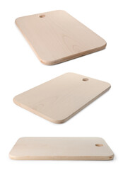 Wooden cutting board isolated on white, views from different angles
