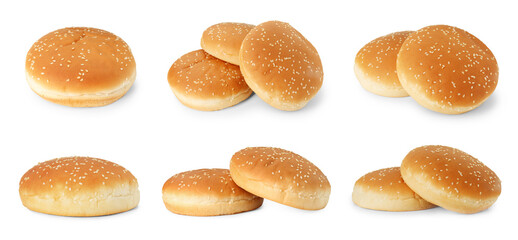 Fresh burger buns isolated on white, collage