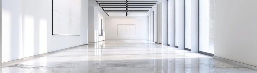 Fototapeta premium The interior of a whitewalled art gallery showcases minimalist design, emphasizing space and light, Interior 3d render Sharpen highdetail realistic concept