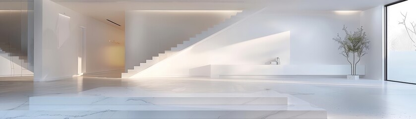 The interior of a whitewalled art gallery showcases minimalist design, emphasizing space and light, Interior 3d render Sharpen highdetail realistic concept