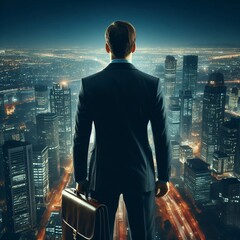  A businessman looking at the night city