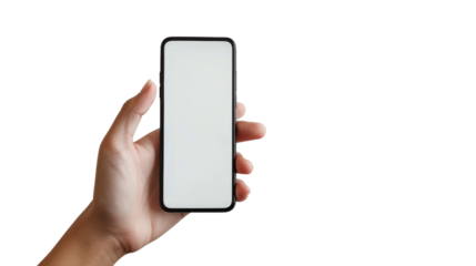 Hand holding Smartphone as png photo and isolated on white background for your mobile phone app or web site design, logo Global Business technology