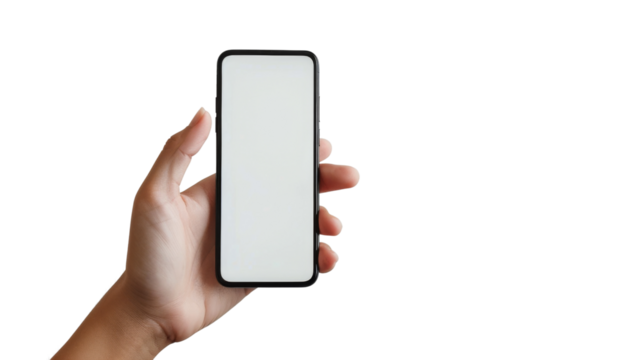 Hand holding Smartphone as png photo and isolated on white background for your mobile phone app or web site design, logo Global Business technology