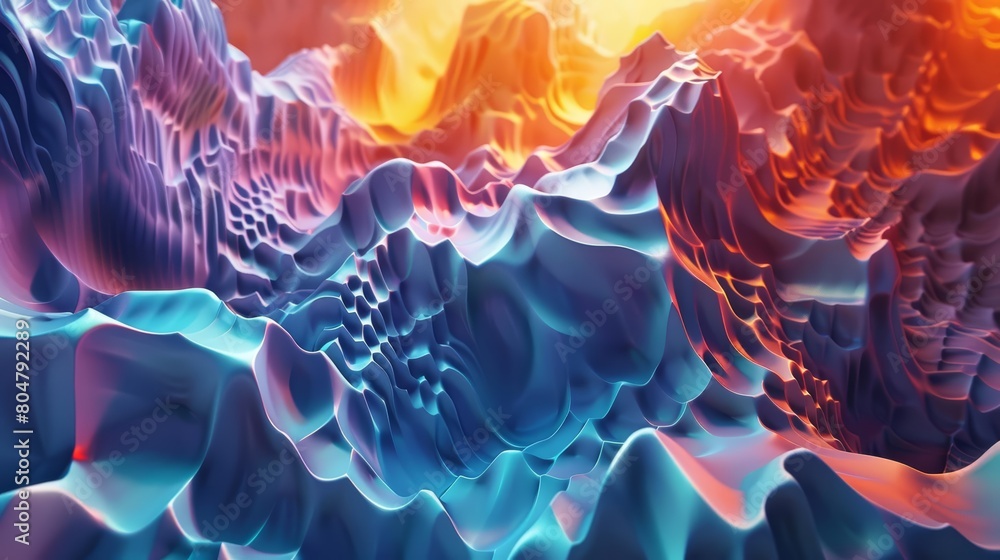 Poster create a 3d rendering of a mountainous landscape with vibrant colors and a surreal atmosphere. the i