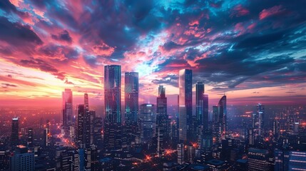 Fototapeta premium This 3D render captures a modern futuristic smart city, where buildings gleam with abstract bright lights against a backdrop of a dramatic evening sky, Sharpen Landscape background