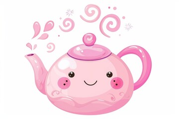 This design features a kawaii teapot, pastel pink with a smiling face and steam curling up in playful swirls, Sharpen isolated on white background