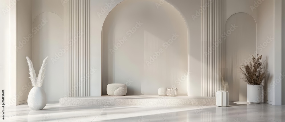 Poster create a 3d rendering of a minimalist room with a curved wall and podium