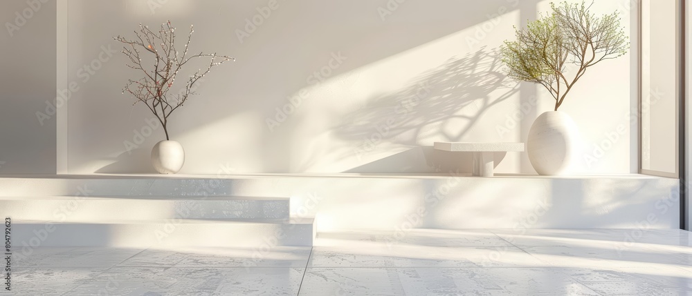 Poster create a 3d rendering of a minimalist room with a large window and white walls