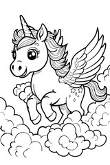 A mythical creature, a unicorn with wings, is happily flying through the clouds