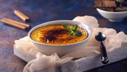 A delectable crème brûlée dessert, topped with a caramelized sugar crust, served in a white bowl. Garnished with mint, it sits on a rustic table