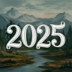 "2025: Nature's Calligraphy - Serene Landscape, Intricate Numerals"