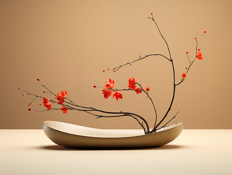 Modern flower arrangement, traditional Oriental Ikebana style, red flowers, neutral tan background, minimalism, free-flowing design