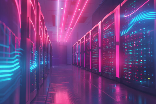 Futuristic server room with the flowing data. - Powered by Adobe
