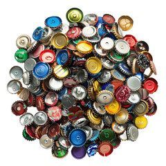 Piles of used bottle caps isolated on transparent background