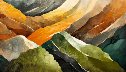 Abstract art of different natural rough Earth, stones, soil mixed textures in ocher, dark green,...