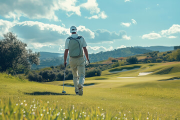 Man Playing Golf Professional golfer walking down a fairway, surrounded by the picturesque landscape of rolling hills and blue skies.