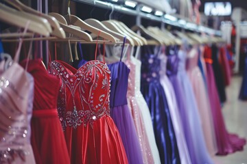 clothes and robes and dresses hanger in shop Elegant long formal dresses for sale in luxury modern shop boutique. Prom gown, wedding, evening, bridesmaid dresses dress details. Dress rental