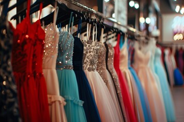 clothes and robes and dresses hanger in shop Elegant long formal dresses for sale in luxury modern shop boutique. Prom gown, wedding, evening, bridesmaid dresses dress details. Dress rental