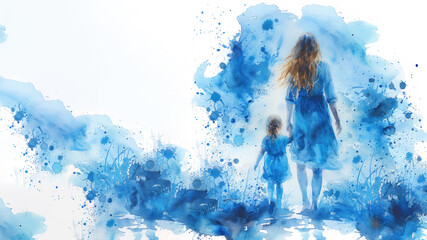Blue watercolor of A mother with her preschooler going to school