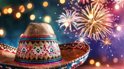 A Mexican sombrero adorned with bursts of fireworks against the night sky