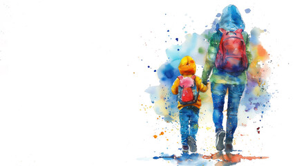 Colorful watercolor of A mother with her preschooler going to school