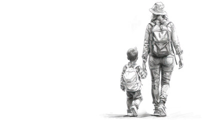 Pencil sketch of A mother with her preschooler going to school