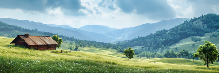 Green Alpine Meadow with Distant Mountains, Vibrant Summer Landscape, Idyllic Nature Setting