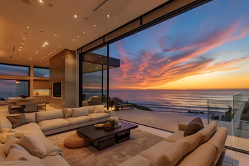 Fototapeta premium Modern contemporary illuminated house design exterior. Luxurious new construction home with panoramic windows, pool, patio