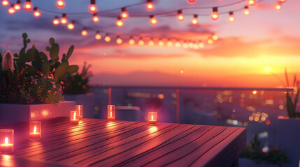 3D Business Flat Icon: Rooftop Romance Sunset Soiree - Ignite Romance & Panoramic Views for Unforgettable Moments in Cartoon Style
