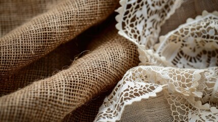 Brown burlap with a touch of off white lace