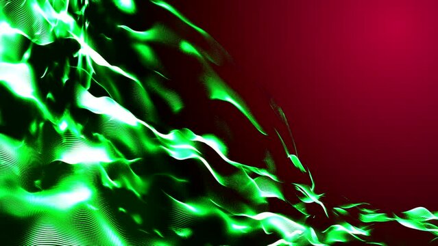 Moving flow green color particles flashing micro units grainy sands on space background, abstract animation neon crystals wave. 