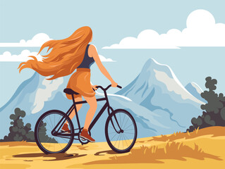 Description Young woman cycling through scenic landscape, long hair flowing, casual clothing. Female leisure activity outdoors, riding bike trail near mountains. Healthy lifestyle exercise biking
