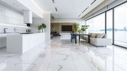 Luxury large modern white marble kitchen united with dining room and living room 