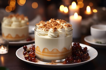 Elegant dessert in glass, topped with cream and crumbs, surrounded by warm candlelight.