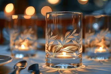 Elegant table setting featuring a glass with delicate white leaf designs, surrounded by soft candlelight.