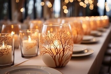 Elegant table setting with artistically painted glasses, candles and soft lighting creating a romantic ambiance.