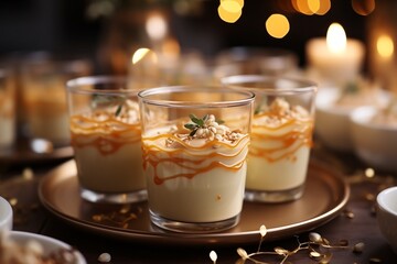 Elegant dessert in glasses on a table set with golden accents and twinkling lights.