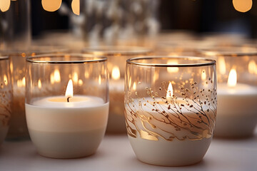Close-up view of glasses with delicate white leaf patterns, candles lit inside, soft glowing lights.