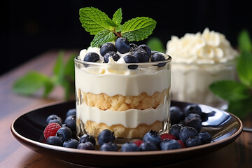 Elegant dessert cup on a plate with blueberries, raspberries, and cream, garnished with mint.