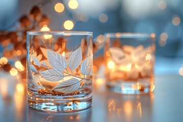 Two elegantly decorated glasses with white leaf patterns, set amidst soft glowing lights.